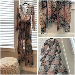 Indigo Rose Dress Womens XL Maxi V-Neck Faux Wrap Patchwork Prairie Boho Western